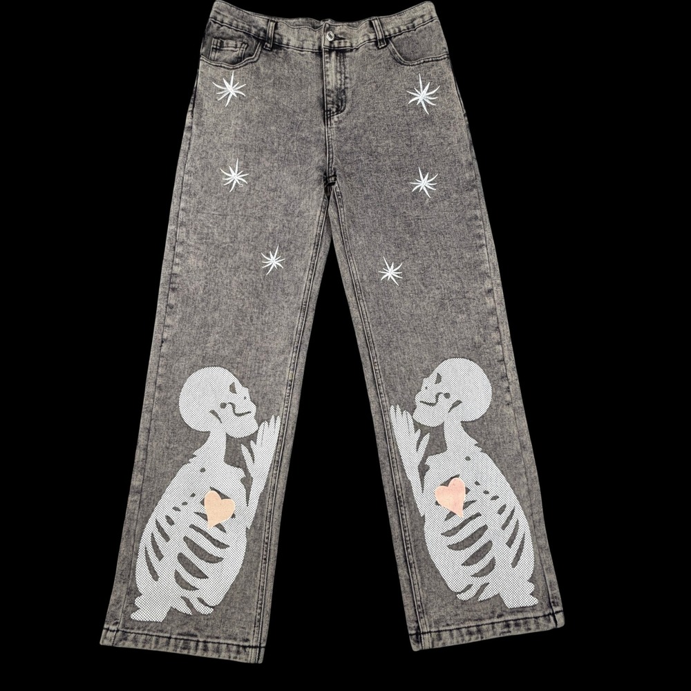 Editorial Department Skeleton Love Star Jeans‎ Womens L Gray Acid Wash Goth Punk